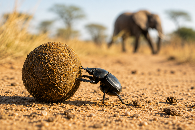 A vibrant dung beetle rolling a perfectly round dung ball along a sandy safari track, with an elephant softly blurred in the far background to show scale