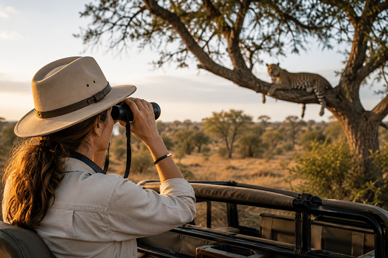 Luxury safari guest using binoculars from an open safari vehicle while observing a leopard resting in a distant tree during golden morning light