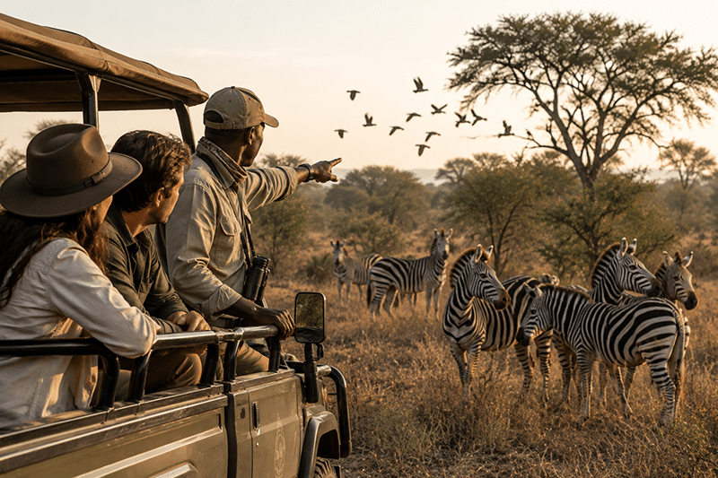 An experienced safari guide standing quietly beside an open safari vehicle, pointing into the distance while guests watch attentively, with zebras in the foreground looking alert and birds flying from nearby trees