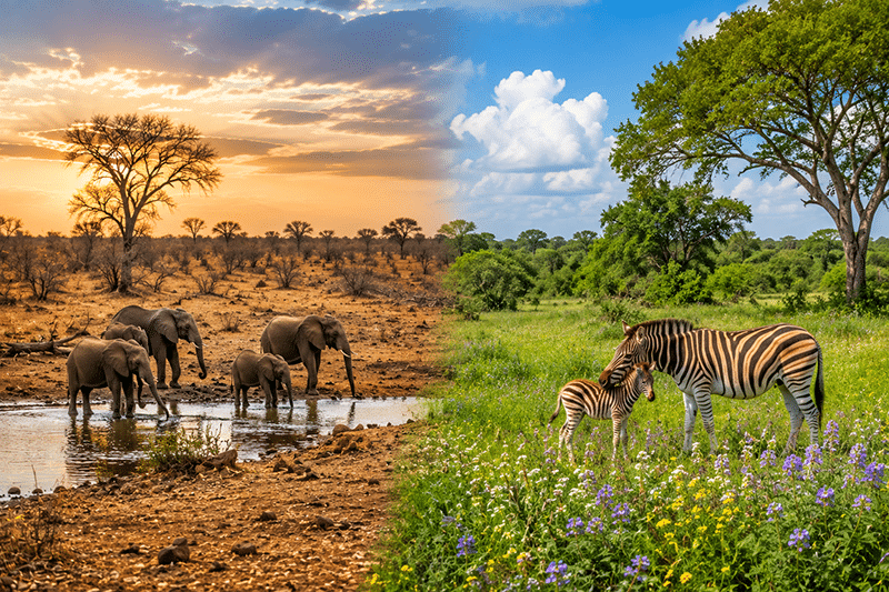 Split-season African landscape showing one side with golden dry-season grass and elephants at a waterhole, and the other side with lush green vegetation, colourful wildflowers, and zebra with a foal after seasonal rains