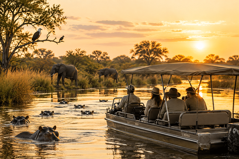 Luxury safari boat gliding quietly through a reed-lined African river at sunrise, with hippos in the water, African fish eagles perched in riverside trees, and elephants drinking on the distant riverbank, warm golden light