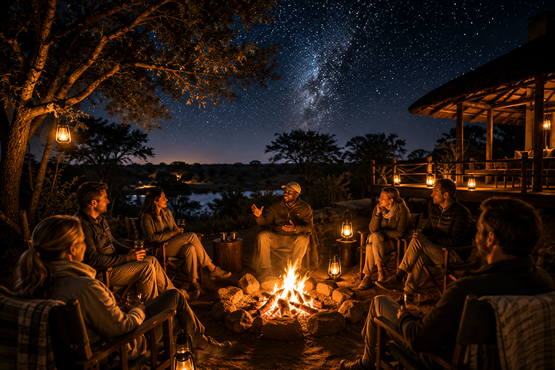 Luxury safari lodge campfire at night with guests seated in comfortable chairs around a glowing fire, a safari guide sharing stories beneath a spectacular star-filled African sky